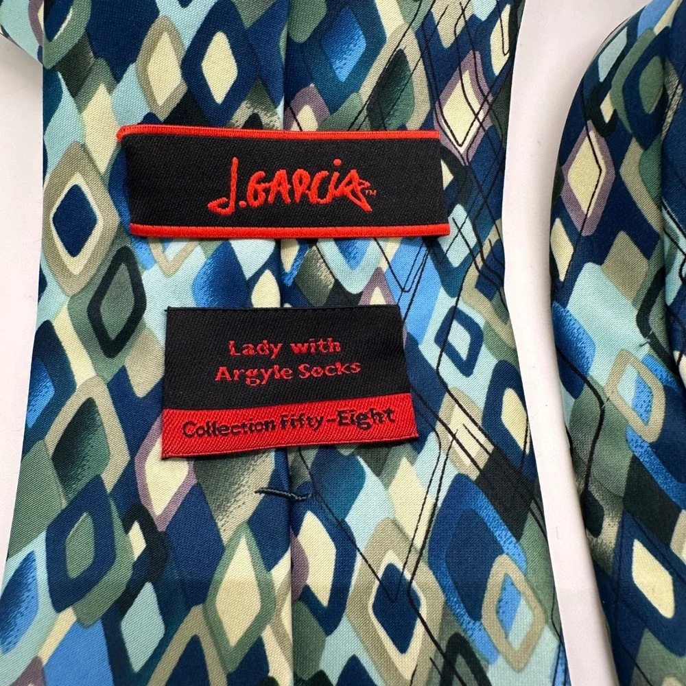 J. Garcia Necktie Geometric Diamond Pattern Blue Green Silk‎ Blend